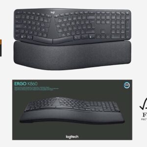 Logitech ERGO K860 Clavier Ergonomique Sans Fil - En Deux Parties, Repose Poignet, Frappe Naturelle, Bluetooth et Connectivité USB, Compatible avec PC & Mac, Clavier Français AZERTY - Gris