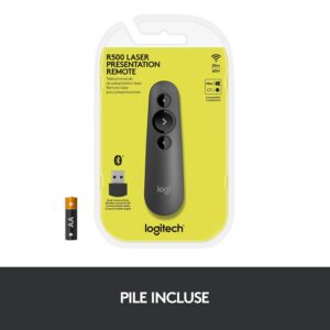 Logitech R500 Télécommande de Présentation sans Fil, 2,4 GHz et Bluetooth avec Récepteur USB, Pointeur Laser Rouge, Portée de 20M, 3 Boutons, Compatible avec PC/Mac/Android/iOS -